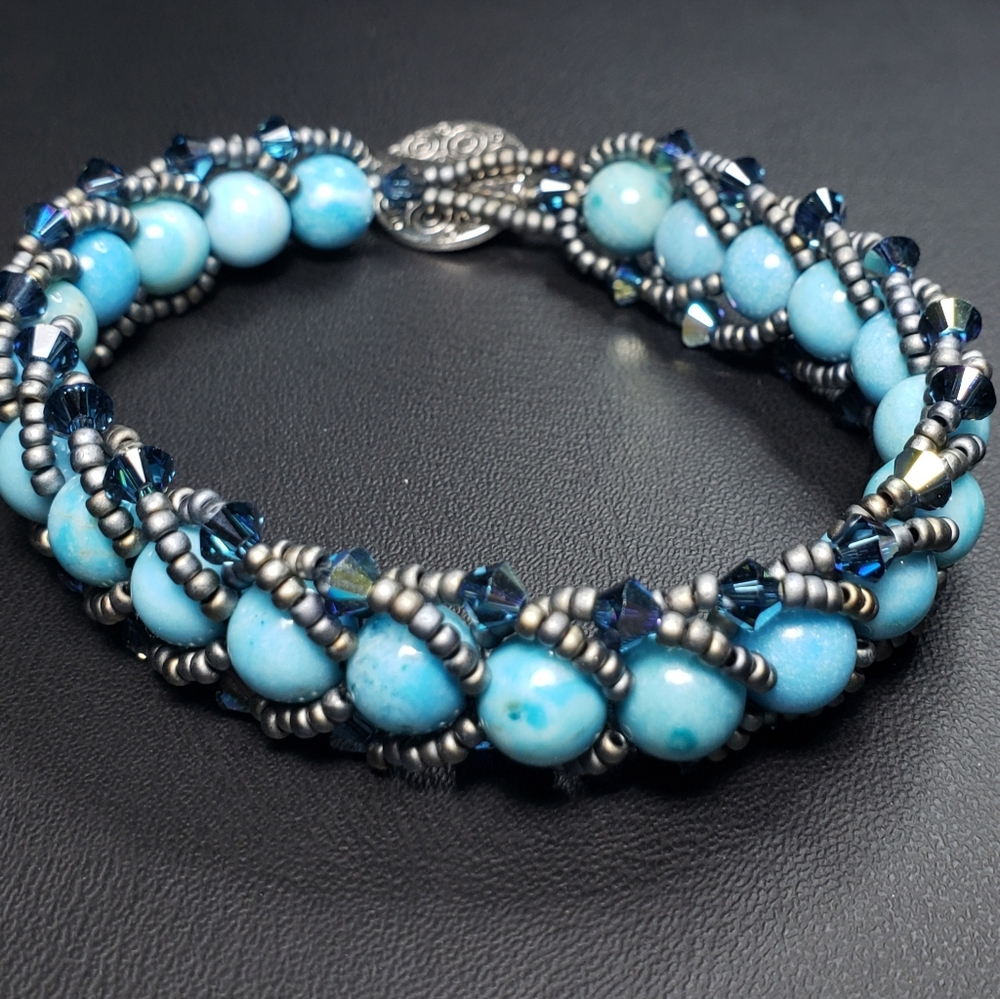 Handmade turquoise blue Amazonite beaded bracelet w/ Swarovski crystal bicones